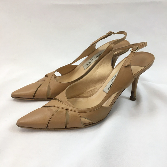 Jimmy Choo Shoes - Jimmy Choo 36.5 tan pointed toe slingback 3” heels